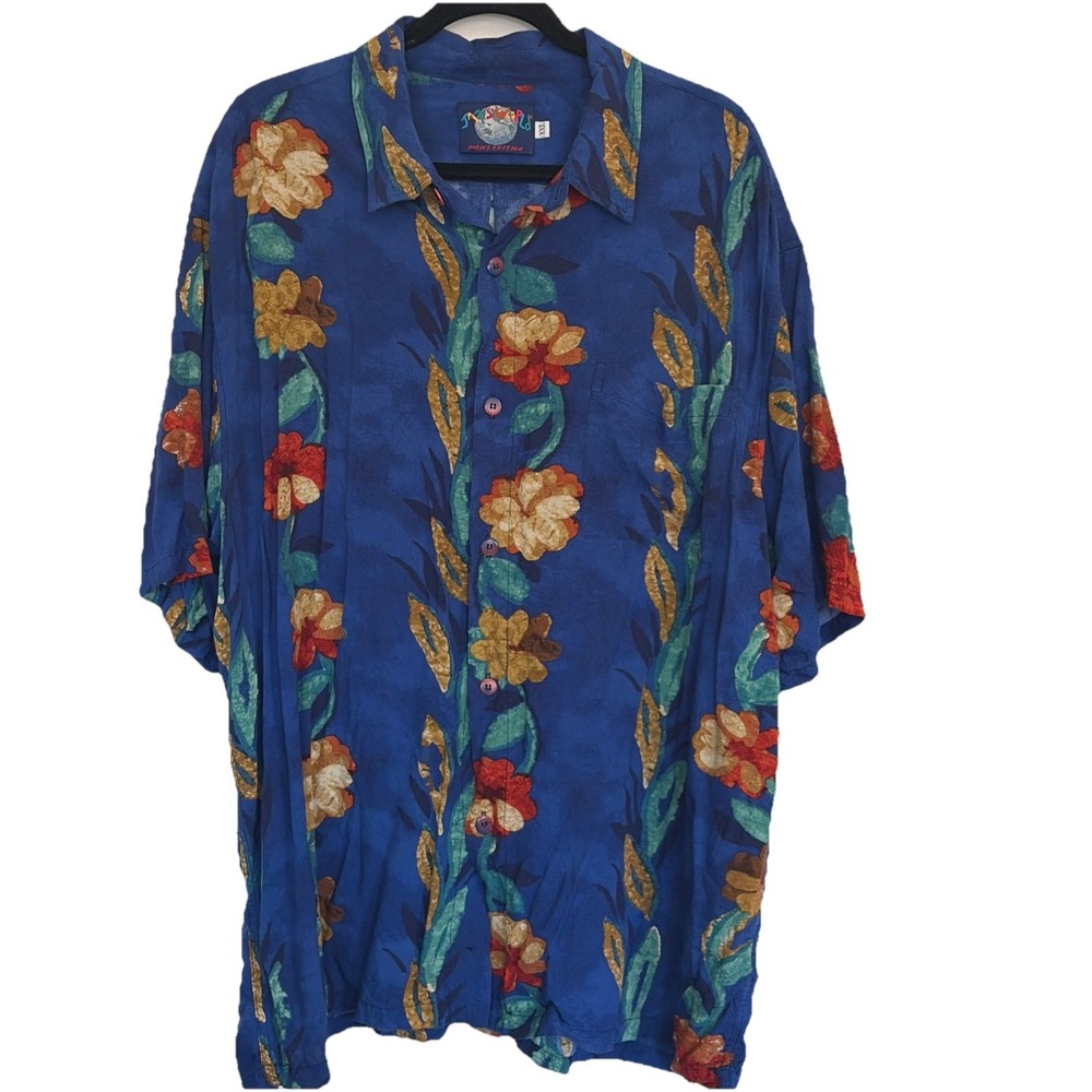 Vintage Jams World Shirt Mens 2XL Blue Floral Hawaiian Tropical Button Up USA